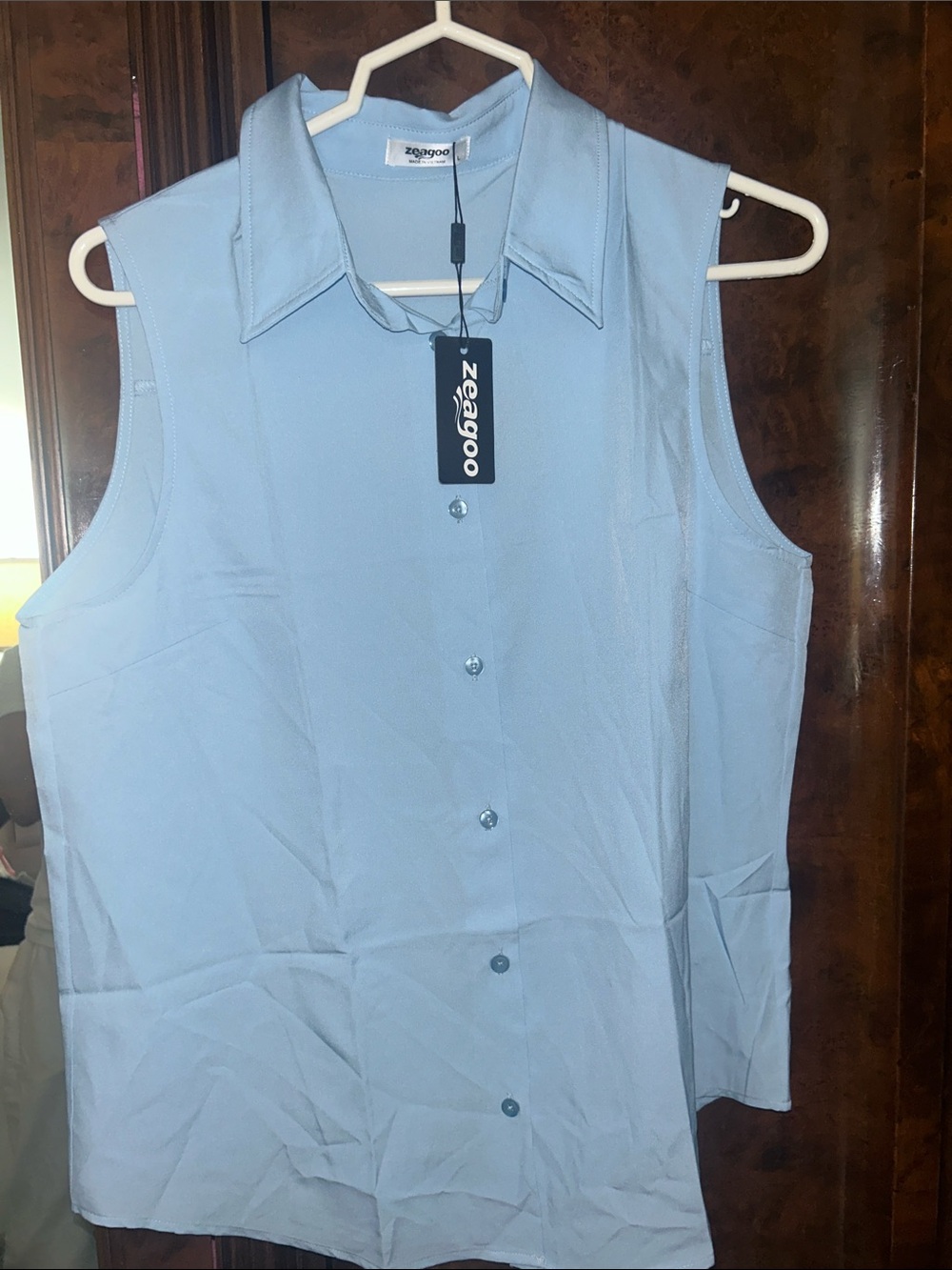 zeagoo Light Blue Sleeveless Button-Down Collared Blouse